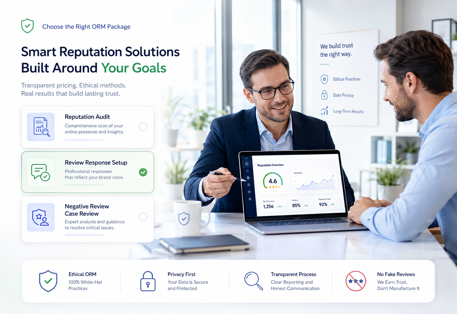 Consultant helping a business owner choose the right reputation management package